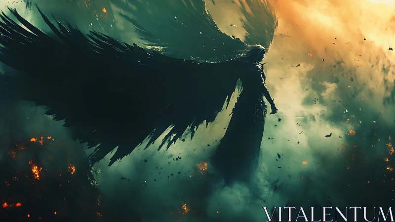 Dark winged guardian rising through storm and firelight.