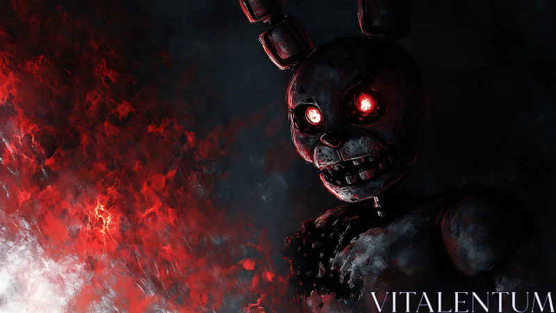 Burned animatronic rabbit in red infernal particle haze