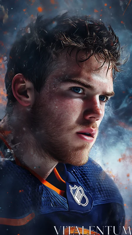 Intense digital portrait of hockey player in dynamic blue light