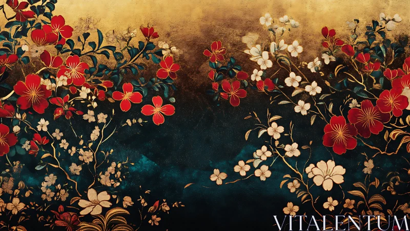 Ornate red and white blossoms glow against gold dusk sky.