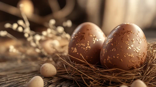 Golden speckled eggs in rustic nest on wooden table.