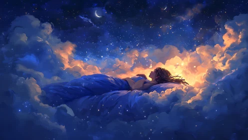 Woman rests on cloud bed under luminous starry sky
