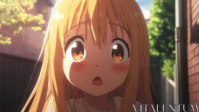 Surprised anime girl with long hair in sunlit alley.