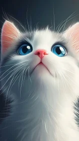 White Cat with Blue Eyes and Pink Nose Digital Portrait.