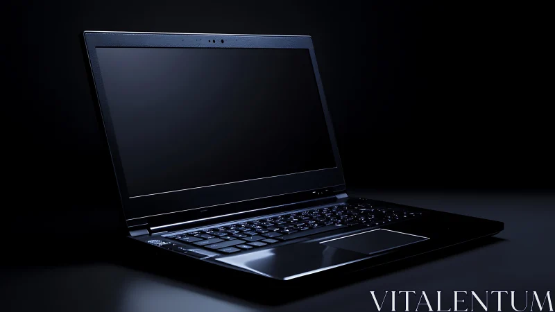 Sleek black laptop in dark studio with reflective keys.
