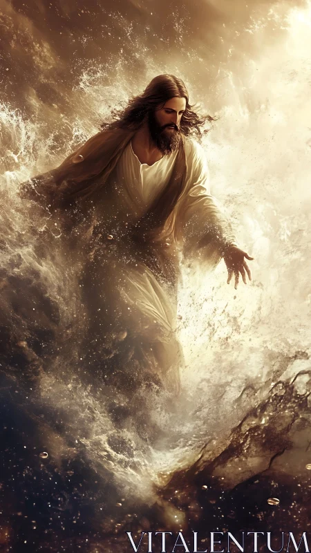 Radiant messianic figure strides through stormlit, roaring sea.