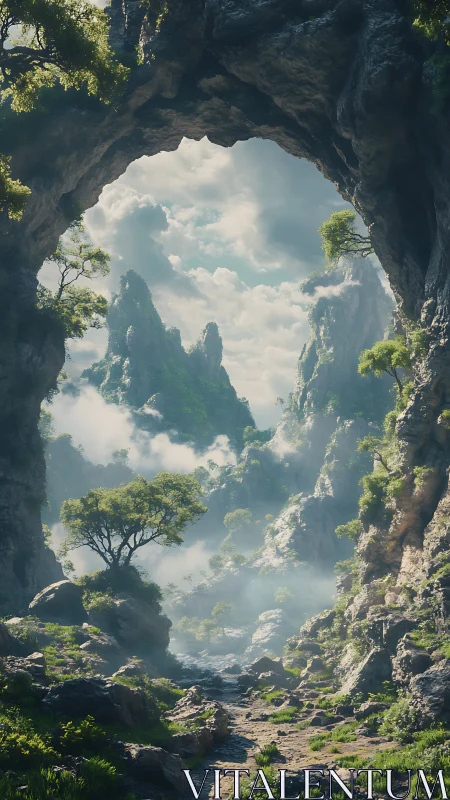 Geological arch framing mist-laden karst valley vista.