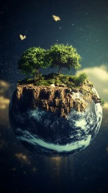 Floating garden planet drifts through star-sprinkled night sky.