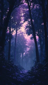 Enchanted Forest Path Glowing with Purple Twilight Magic