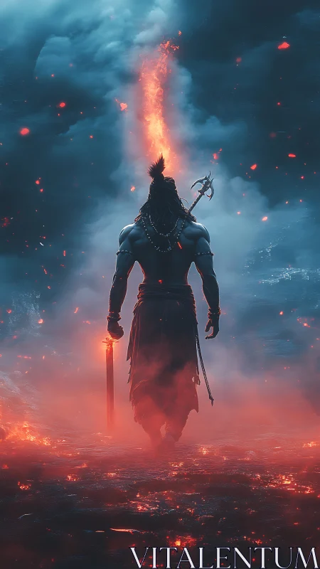 Fire-walking warrior beneath a storm of glowing embers.