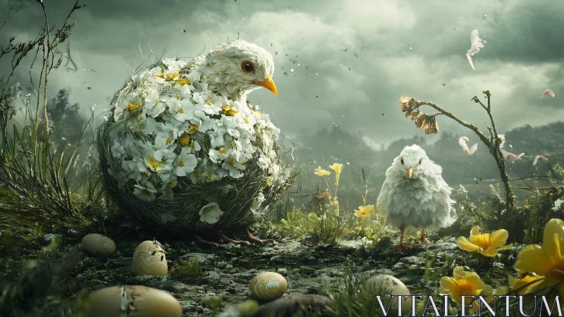 Floral-nest avian duo amid cracked eggs in misted meadow.