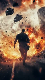Soldier runs from urban explosion as helicopters hover.