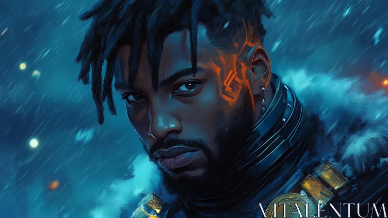 Cybernetic man in winter storm with neon facial markings.