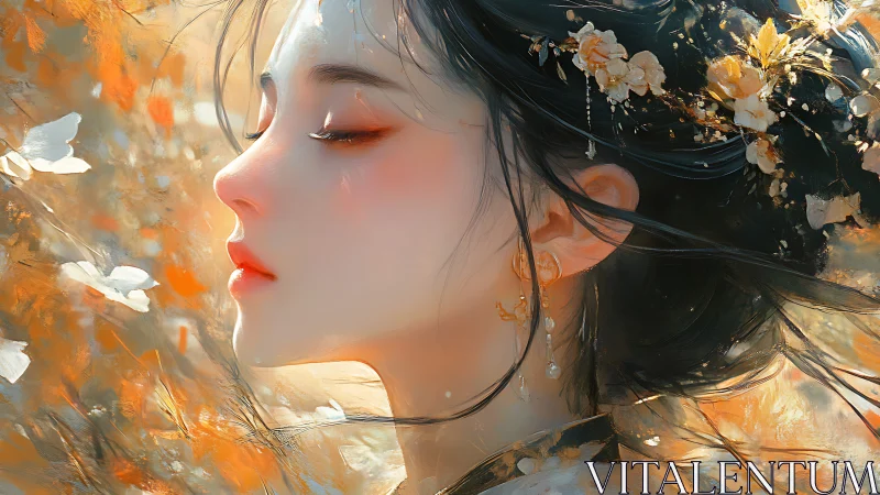 Gentle autumn muse closes her eyes in a golden daydream