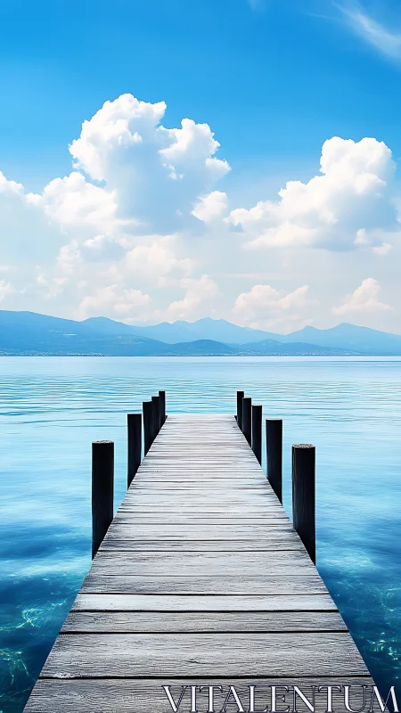 Linear wooden pier recedes into tranquil cyan lake horizon
