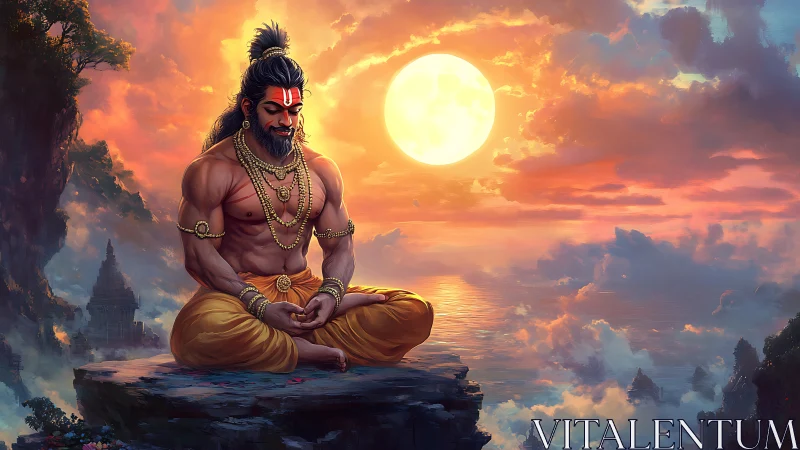 Muscular yogi meditates on cliff under oversized luminous sun