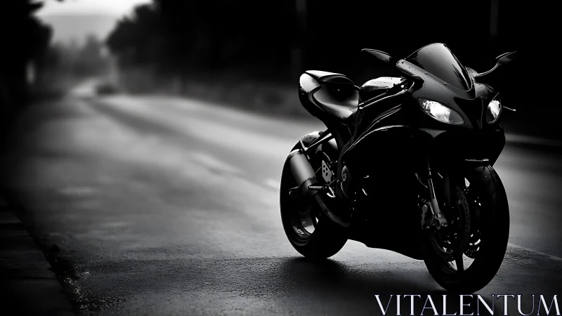 Photorealistic sport motorcycle on wet nocturnal roadway.