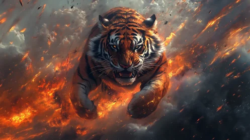 Tiger in forward motion amid dense fiery explosion clouds.