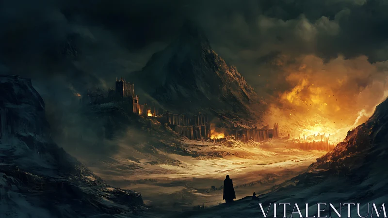 Mountain fortress and burning valley under dark storm sky.
