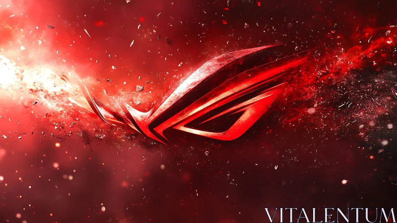 Shattered crimson emblem exploding through cosmic dust.