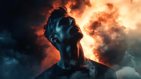 Man stands between blue shadowed smoke and orange firelight