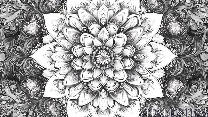 Monochrome radial floral mandala with layered petal geometry.