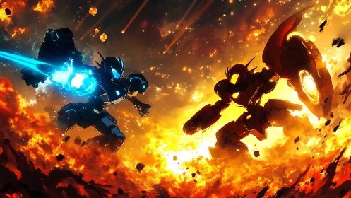 Armored mechs clash amid explosive molten battlefield