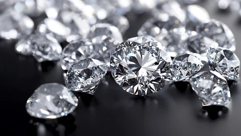 Brilliant cut diamonds sparkle vividly on a sleek black surface