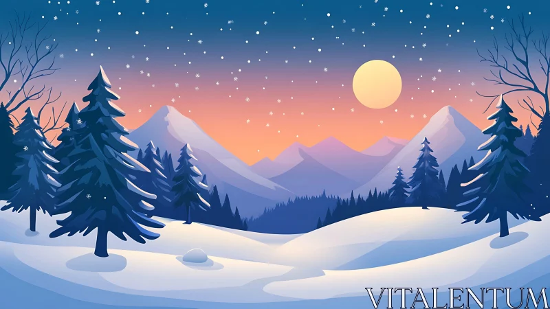 Snow-covered conifer forest overlooks pastel alpine sunset