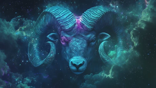 Ram head rendered in luminous nebula-like cosmic environment