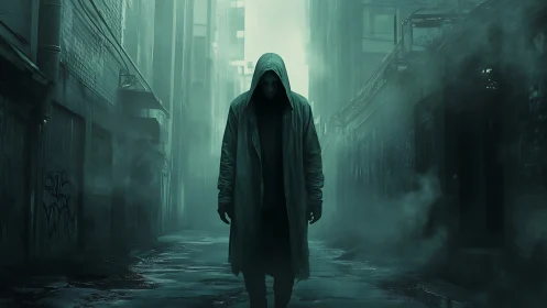 Mysterious hooded figure strolls through a foggy neon alley