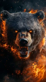 Photorealistic roaring bear head engulfed in dynamic flames.