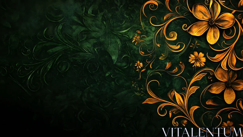 Golden floral arabesque on deep textured emerald ground
