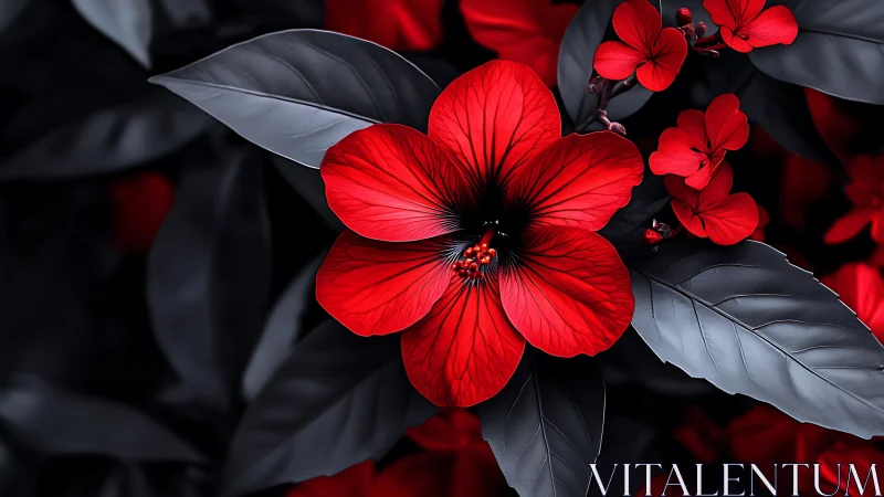 Red Flowers with Dark Foliage. Vibrant Botanical Study.
