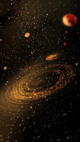 Golden spiral galaxy with glowing planets in deep space.