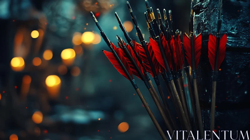 Cluster of red-fletched arrows against defocused bokeh torchlight