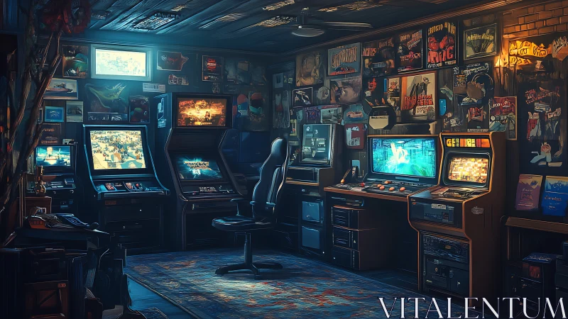 Retro arcade gaming room contains multiple illuminated cabinets
