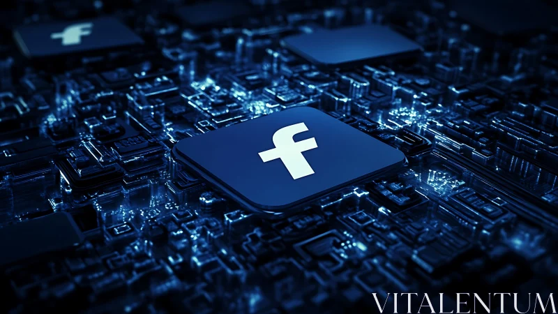 Glowing Facebook icon resting in a deep blue digital world.