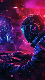 Hooded computer user at RGB gaming setup in neon light.