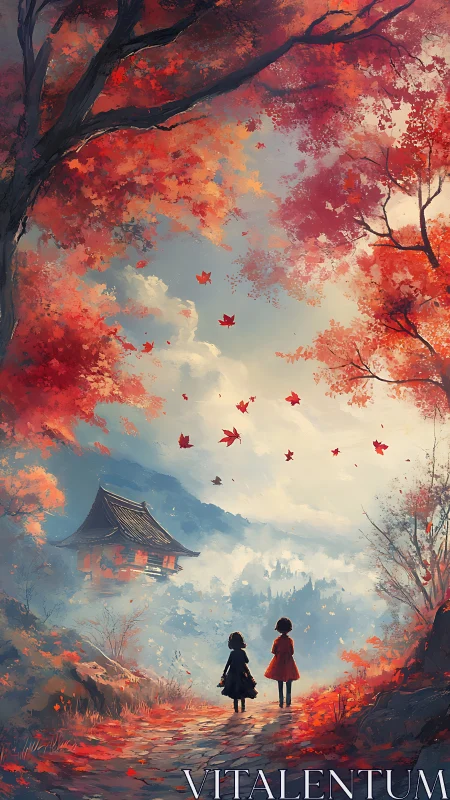 Crimson maple dreams guide two children toward misty temple.