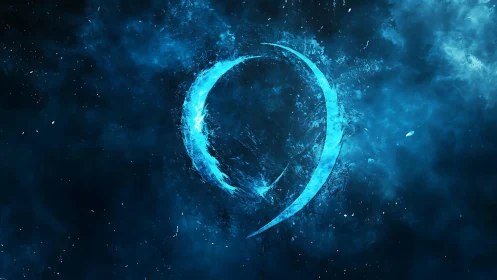 Glowing blue energy crescent burns inside deep cosmic void