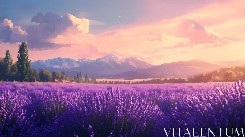 Digital painting of lavender plains under radiant alpine sunset.
