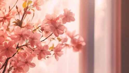 Coral Cherry Blossoms Dancing Through Soft Afternoon Light.
