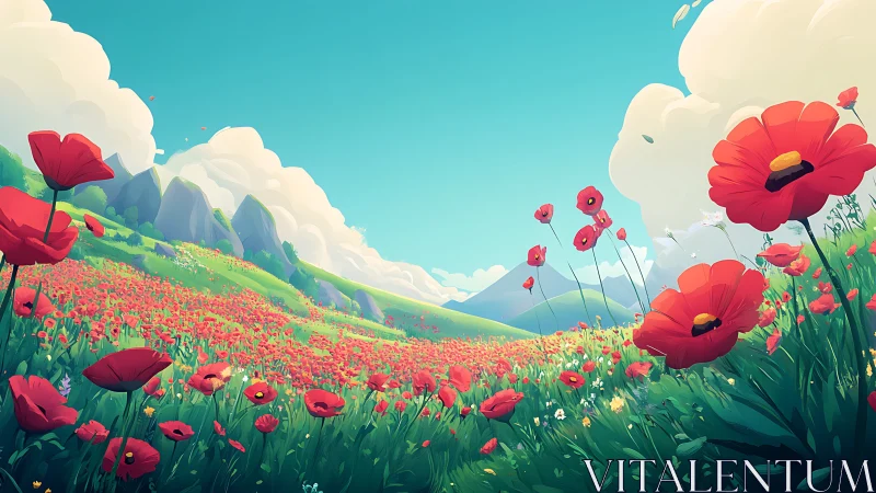 Poppies lean into the breeze while mountains nap beyond