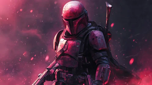 Armored bounty hunter in neon magenta smoke, digital painting.