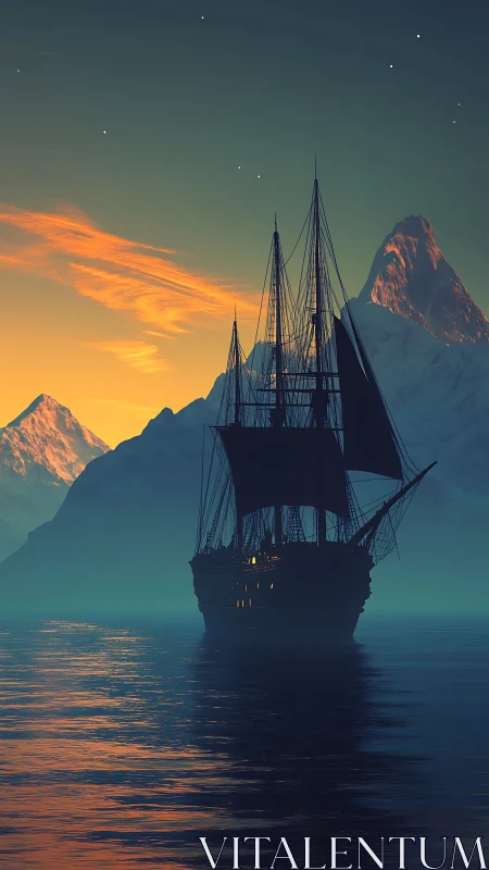 Silent tall ship glides through misty fjord at glowing sunset