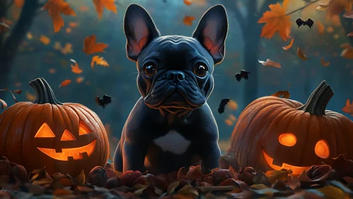 French bulldog sits between glowing jack o lantern pumpkins