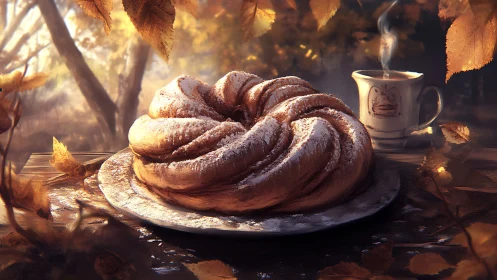 Pastry with Powdered Sugar and Ceramic Cup in Autumn Setting