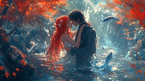 Romantic couple embraces in bioluminescent stream with leaping fish