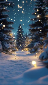 Photorealistic snowy forest path with festive bokeh lighting.